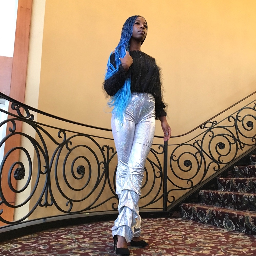 Holographic Ruffle legged pants. Sizes S/M/L